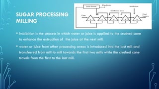 SUGAR PROCESSING
MILLING
• Imbibition is the process in which water or juice is applied to the crushed cane
to enhance the extraction of the juice at the next mill.
• water or juice from other processing areas is introduced into the last mill and
transferred from mill to mill towards the first two mills while the crushed cane
travels from the first to the last mill.
 