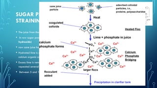 SUGAR PROCESSING
STRAINING AND CLARIFICATION
• The juice from the mills is strained to remove large particles and then clarified.
• In raw sugar production, clarification is done almost exclusively with heat about 95°C and lime(Calcium
hydroxide)
• raw cane juice has low pH and contains dissolved impurities.
• Hydrated lime is added to the juice to raise the pH and to react with the impurities to form insoluble
calcium organic compounds that can be removed.
• Excess lime is removed by carbonation or by the addition of phosphoric acid. This process may be
repeated several times depending on the purity of final product required.
• Between 5 and 10 pounds of lime is required for each ton of cane sugar produced.
 