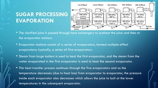 SUGAR PROCESSING
EVAPORATION
• The clarified juice is passed through heat exchangers to preheat the juice and then to
the evaporator stations.
• Evaporator stations consist of a series of evaporators, termed multiple-effect
evaporators; typically, a series of five evaporators.
• Steam from large boilers is used to heat the first evaporator, and the steam from the
water evaporated in the first evaporator is used to heat the second evaporator.
• This heat transfer process continues through the five evaporators and as the
temperature decreases (due to heat loss) from evaporator to evaporator, the pressure
inside each evaporator also decreases which allows the juice to boil at the lower
temperatures in the subsequent evaporator.
 