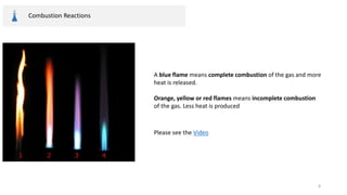 Combustion Reactions
A blue flame means complete combustion of the gas and more
heat is released.
Orange, yellow or red flames means incomplete combustion
of the gas. Less heat is produced
Please see the Video
8
 