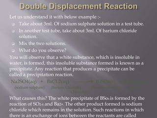 Let us understand it with below example :-
 Take about 3ml. Of sodium sulphate solution in a test tube.
 In another test tube, take about 3ml. Of barium chloride
solution.
 Mix the two solutions.
 What do you observe?
You will observe that a white substance, which is insoluble in
water, is formed, this insoluble substance formed is known as a
precipitate. Any reaction that produces a precipitate can be
called a precipitation reaction.
Na2SO4(aq) + BaCL2(aq) ---------- BaSO4(s) + 2NACi(aq)
(sodium sulphate) (Barium Chloride) (Barium sulphate) (Sodium
Chloride)
What causes this? The white precipitate of BSo4 is formed by the
reaction of SO2-4 and Ba2+. The other product formed is sodium
chloride which remains in the solution. Such reactions in which
there is an exchange of ions between the reactants are called
 