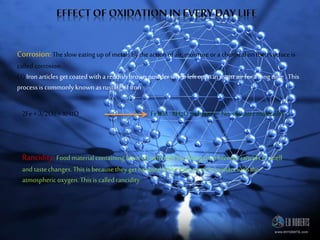 Corrosion:Theslow eating upofmetals bytheactionofair,moistureorachemical ontheir surfaceis
called corrosion.
(1) Ironarticlesget coatedwithareddish brownpowderwhen leftopen in moistair fora long time .This
processis commonlyknownasrusting ofiron
2Fe+ 3/2O2 + XH2O Fe2O3 .XH2O ;whereX = No.of watermolecules
Rancidity: Foodmaterialcontainingfator oil whenleft foralong time become rancidi.e.smell
andtastechanges.This isbecausetheyget oxidisedwhen theycamein contactwiththe
atmosphericoxygen. Thisis called rancidity
 