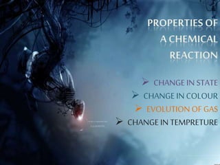  CHANGE IN STATE
 CHANGE IN COLOUR
 EVOLUTION OF GAS
 CHANGE IN TEMPRETURE
 