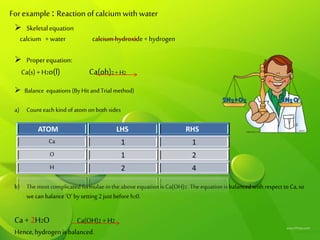 C
Forexample : Reaction of calcium with water
 Skeletalequation
calcium + water calcium hydroxide+ hydrogen
 Properequation:
Ca(s) +H2o(l) Ca(oh)2 + H2
 Balance equations (By Hit and Trial method)
a) Count each kindof atom on both sides
b) Themost complicated formulaein the above equation is Ca(OH)2 . Theequation is balancedwith respect to Ca,so
wecan balance ‘O’ by setting 2 just before h20.
Ca +2H2O Ca(OH)2 + H2
Hence, hydrogenis balanced.
ATOM LHS RHS
Ca 1 1
O 1 2
H 2 4
 