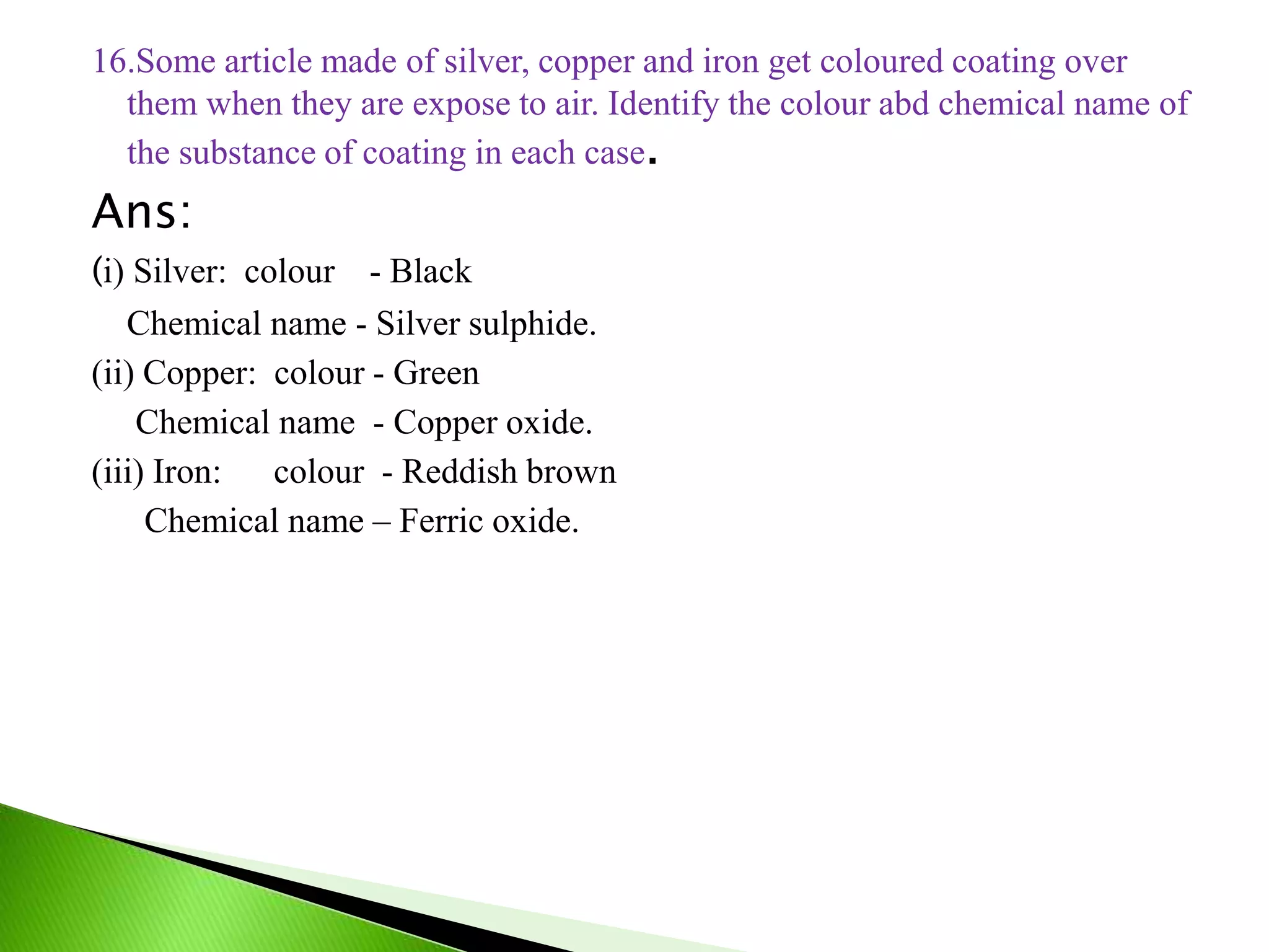 16.Some article made of silver, copper and iron get coloured coating over
them when they are expose to air. Identify the colour abd chemical name of
the substance of coating in each case.
Ans:
(i) Silver: colour - Black
Chemical name - Silver sulphide.
(ii) Copper: colour - Green
Chemical name - Copper oxide.
(iii) Iron: colour - Reddish brown
Chemical name – Ferric oxide.
 