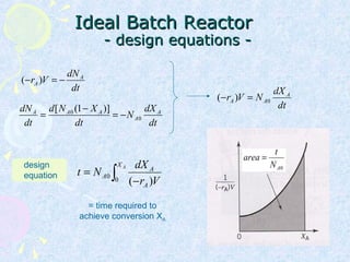 Ideal Batch ReactorIdeal Batch Reactor
- design equations -- design equations -
dt
dN
Vr A
A −=− )(
dt
dX
N
dt
XNd
dt
dN A
A
AAA
0
0 )]1([
−=
−
=
dt
dX
NVr A
AA 0)( =−
∫ −
=
AX
A
A
A
Vr
dX
Nt
0
0
)(
design
equation
= time required to
achieve conversion XA
0AN
t
area =
 