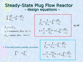 Steady-State Plug Flow ReactorSteady-State Plug Flow Reactor
- design equations -- design equations -
∫∫ −
=
AfX
A
A
V
A r
dX
F
dV
00
0
∫ −
==
AfX
A
A
AA r
dX
CF
V
0
00
τ
∫ −
===
AfX
A
A
A
A
A
r
dX
C
F
VC
v
V
0
0
0
0
0
τ
000 AA CvF =
flowvolumetricv =0
flowmolarFA =0
( )sm /3
( )smol /
εA≠0
 If the feed enters partially converted
∫ −
==
Af
Ai
X
X
A
A
AA r
dX
CF
V
00
τ
∫ −
===
Af
Ai
X
X
A
A
A
A
A
r
dX
C
F
VC
v
V
0
0
0
0
τ∫∫ →
Af
Ai
Af X
X
X
0
 