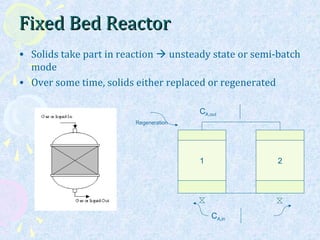 Fixed Bed ReactorFixed Bed Reactor
• Solids take part in reaction  unsteady state or semi-batch
mode
• Over some time, solids either replaced or regenerated
1 2
CA,in
CA,out
Regeneration
 
