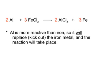 2  Al  +  3  FeCl 2 2  AlCl 3   +  3  Fe *  Al is more reactive than iron, so it  will  replace (kick out) the iron metal, and the reaction will take place. 
