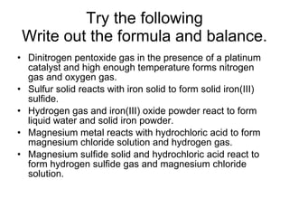 Try the following Write out the formula and balance. Dinitrogen pentoxide gas in the presence of a platinum catalyst and high enough temperature forms nitrogen gas and oxygen gas. Sulfur solid reacts with iron solid to form solid iron(III) sulfide. Hydrogen gas and iron(III) oxide powder react to form liquid water and solid iron powder. Magnesium metal reacts with hydrochloric acid to form magnesium chloride solution and hydrogen gas. Magnesium sulfide solid and hydrochloric acid react to form hydrogen sulfide gas and magnesium chloride solution. 
