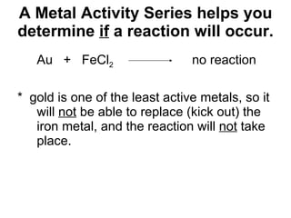 A Metal Activity Series helps you determine  if  a reaction will occur. Au  +  FeCl 2   no reaction  *  gold is one of the least active metals, so it will  not  be able to replace (kick out) the iron metal, and the reaction will  not  take place.  