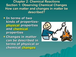 Chapter 2: Chemical Reactions Section 1: Observing Chemical Changes How can matter and changes in matter be described? ,[object Object],[object Object]