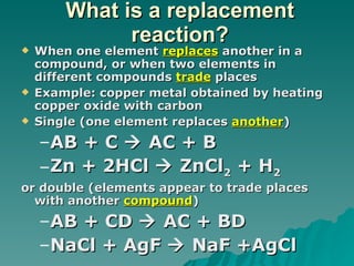 What is a replacement reaction? When one element  replaces  another in a compound, or when two elements in different compounds  trade  places Example: copper metal obtained by heating copper oxide with carbon Single (one element replaces  another )  AB + C    AC + B Zn + 2HCl    ZnCl 2  + H 2 or double (elements appear to trade places with another  compound ) AB + CD    AC + BD NaCl + AgF    NaF +AgCl 