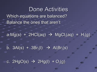 Done Activities
Which equations are balanced?
Balance the ones that aren’t

a.Mg(s) + 2HCl(aq)  MgCl2(aq) + H2(g)


b. 3Al(s) + 3Br2(l)  Al2Br3(s)


c. 2HgO(s)  2Hg(l) + O2(g)
 