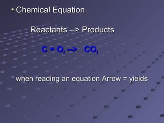 Chemical EquationChemical Equation
Reactants --> ProductsReactants --> Products
C + OC + O22 --> CO--> CO22
when reading an equation Arrow = yieldswhen reading an equation Arrow = yields
 