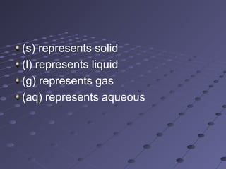 (s) represents solid
(l) represents liquid
(g) represents gas
(aq) represents aqueous
 