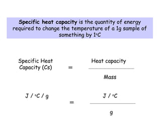 Specific heat capacity is the quantity of energy
required to change the temperature of a 1g sample of
something by 1o
C
Specific Heat
Capacity (Cs)
Heat capacity
Mass
=
J / o
C / g J / o
C
g
=
 