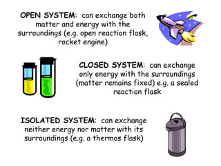 OPEN SYSTEM: can exchange both
matter and energy with the
surroundings (e.g. open reaction flask,
rocket engine)
CLOSED SYSTEM: can exchange
only energy with the surroundings
(matter remains fixed) e.g. a sealed
reaction flask
ISOLATED SYSTEM: can exchange
neither energy nor matter with its
surroundings (e.g. a thermos flask)
 