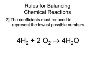 Rules for Balancing
Chemical Reactions
2) The coefficients must reduced to
represent the lowest possible numbers.
4H2 + 2 O2  4H2O
 