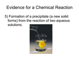Evidence for a Chemical Reaction
5) Formation of a precipitate (a new solid
forms) from the reaction of two aqueous
solutions.
 