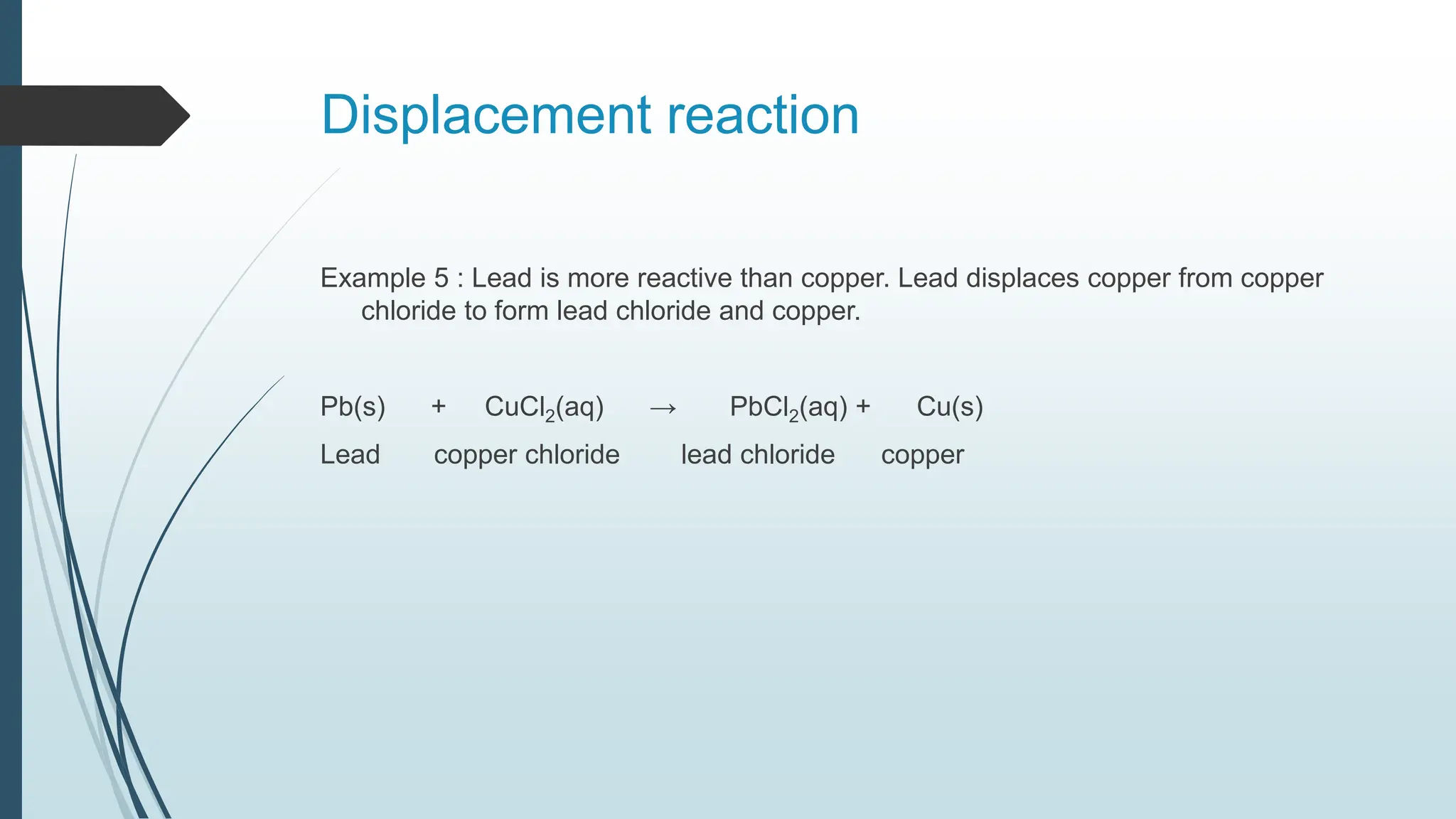 Displacement reaction
Example 5 : Lead is more reactive than copper. Lead displaces copper from copper
chloride to form lead chloride and copper.
Pb(s) + CuCl2(aq) → PbCl2(aq) + Cu(s)
Lead copper chloride lead chloride copper
 