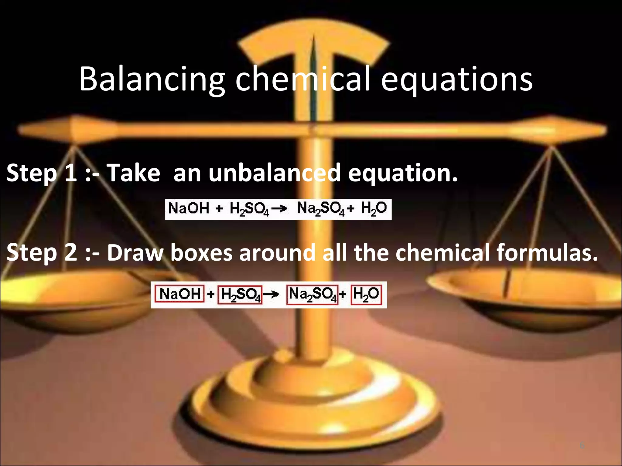 Balancing chemical equations
Step 1 :- Take an unbalanced equation.
Step 2 :- Draw boxes around all the chemical formulas.
6
 