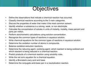 Objectives
• Define the observations that indicate a chemical reaction has occurred.
• Classify chemical reactions according to the 5 main categories.
• Discuss the properties of water that make it the most common solvent.
• Identify whether a substance is a strong, weak, or non electrolyte.
• Calculate the concentration of solutes in units of molarity, molality, mass percent and
parts per million.
• Perform stoichiometric calculations using solution concentration.
• Recognize the common types of reactions in aqueous solution.
• Write chemical equations for the common types of reactions in aqueous solution.
• Determine the oxidation number of atoms in compounds.
• Balance oxidation-reduction reactions.
• Determine the reducing agent, oxidizing agent, which reactant is being oxidized and
which reactant is being reduced in a chemical reaction.
• Predict products of a chemical reaction using solubility rules.
• Write the net ionic equation for a chemical equation.
• Identify a Bronsted-Lowry acid and base.
• Determine the conjugate acid-base pair in a neutralization reaction.
 