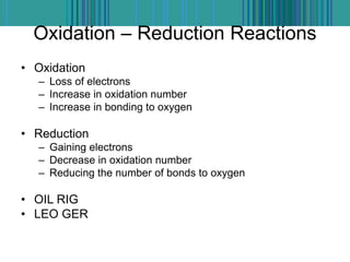 Oxidation – Reduction Reactions
• Oxidation
– Loss of electrons
– Increase in oxidation number
– Increase in bonding to oxygen
• Reduction
– Gaining electrons
– Decrease in oxidation number
– Reducing the number of bonds to oxygen
• OIL RIG
• LEO GER
 