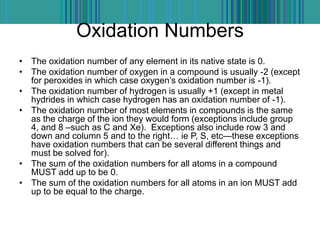 Oxidation Numbers
• The oxidation number of any element in its native state is 0.
• The oxidation number of oxygen in a compound is usually -2 (except
for peroxides in which case oxygen’s oxidation number is -1).
• The oxidation number of hydrogen is usually +1 (except in metal
hydrides in which case hydrogen has an oxidation number of -1).
• The oxidation number of most elements in compounds is the same
as the charge of the ion they would form (exceptions include group
4, and 8 –such as C and Xe). Exceptions also include row 3 and
down and column 5 and to the right… ie P, S, etc—these exceptions
have oxidation numbers that can be several different things and
must be solved for).
• The sum of the oxidation numbers for all atoms in a compound
MUST add up to be 0.
• The sum of the oxidation numbers for all atoms in an ion MUST add
up to be equal to the charge.
 