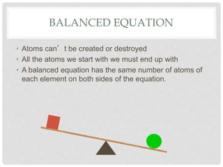 BALANCED EQUATION
• Atoms can’t be created or destroyed
• All the atoms we start with we must end up with
• A balanced equation has the same number of atoms of
each element on both sides of the equation.
 