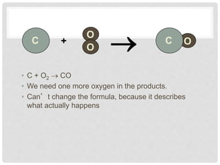 • C + O2  CO
• We need one more oxygen in the products.
• Can’t change the formula, because it describes
what actually happens
+
 OC
O
O
C OCC
 