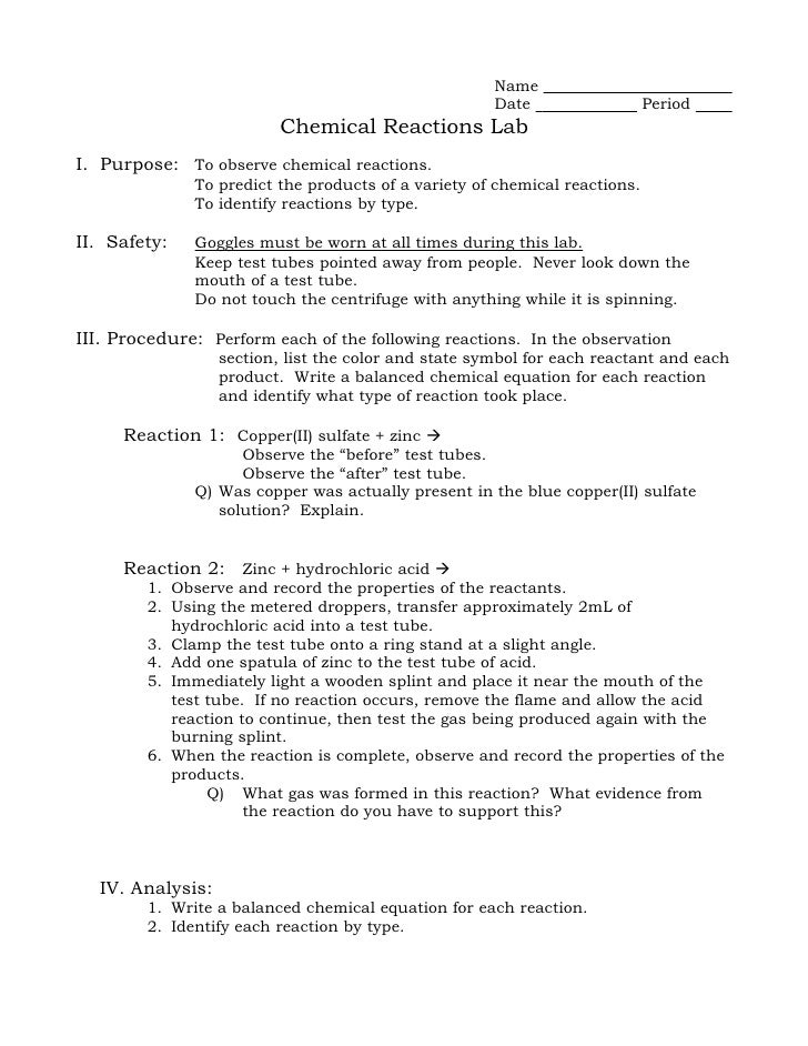 Chemical reactions lab answers