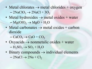 • Metal chlorates     metal chlorides + oxygen
  – 2NaClO3     2NaCl + 3O2
• Metal hydroxides        metal oxides + water
  – Mg(OH)2     MgO + H2O
• Metal carbonates        metal oxides + carbon
  dioxide
  – CaCO3     CaO + CO2
• Oxyacids     nonmetalic oxides + water
  – H2SO3     SO2 + H2O
• Binary compounds         individual elements
  – 2NaCl     2Na + Cl2
 