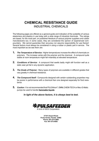CHEMICAL RESISTANCE GUIDE
INDUSTRIAL CHEMICALS
The following pages are offered as a general guide and indication of the suitability of various
elastomers and plastics in use today with a wide range of industrial chemicals. The ratings
are based, for the most part, on published literature of various polymer suppliers and rubber
manufacturers but, in some cases, they are considered the opinion of experienced com-
pounders. We cannot guarantee their accuracy nor assume responsibility for use thereof.
Several factors must always be considered in using a rubber or plastic part in service. The
most important as we see them are:
1. The Temperature of Service: Higher temperatures increase the effect of chemicals on
polymers. The increase varies with the polymer and the chemical. A compound quite
stable at room temperature might fail miserably at elevated temperature.
2. Conditions of Service: A compound that swells badly might still function well as a
static seal yet fail in any dynamic application.
3. The Grade of Polymer: Many types of polymers are available in different grades that
vary greatly in chemical resistance.
4. The Compound Itself: Compounds designed with certain outstanding properties may
be poorer in performance with a chemical than one designed especially for fluid resis-
tance.
5. Caution: It is not recommended that PULSAtron®
, OMNI,CHEM-TECH or Mec-O-Matic
pumps be used to handle flammable liquids.
In light of the above factors, it is always best to test.
A Unit of IDEX Corporation
27101 Airport Road
Punta Gorda, Florida 33982
Phone: 941-575-3800
Fax: 941-575-4085
 
