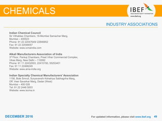 4949DECEMBER 2016
INDUSTRY ASSOCIATIONS
For updated information, please visit www.ibef.org
CHEMICALS
Indian Chemical Council
Sir Vithaldas Chambers, 16-Mumbai Samachar Marg,
Mumbai – 400023
Phone: 91 22 22047649/ 22846852
Fax: 91 22 22048057
Website: www.icmaindia.com
Alkali Manufacturers Association of India
3rd Floor, Pankaj Chambers, Preet Vihar Commercial Complex,
Vikas Marg, New Delhi – 110092
Phone: 91 11 22432003, 22410150, 55253401
Fax: 91 11 22468249
Website: www.ama-india.org
Indian Specialty Chemical Manufacturers' Association
1156, Bole Smruti, Suryavanshi Kshatriya Sabhagriha Marg,
Off. Veer Savarkar Marg, Dadar (West)
Mumbai – 400 028
Tel: 91 22 2446 5003
Website: www.iscma.in
 