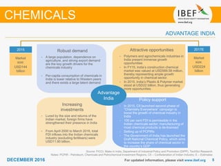 55DECEMBER 2016
Growing demand
For updated information, please visit www.ibef.org
ADVANTAGE INDIA
Source: FICCI, Make in India, Department of Industrial Policy and Promotion (DIPP), TechSci Research
Notes: PCPIR - Petroleum, Chemicals and Petrochemical Investment Regions, CII – Confederation of Indian Industry; E – Estimates
Attractive opportunities
• Polymers and agrochemicals industries in
India present immense growth
opportunities
• In FY15, India’s construction chemical
market was valued at USD589.58 million,
thereby representing ample growth
opportunity in chemical sector.
• In 2015, India’s Plastic & Polymer market
stood at USD22 billion, thus generating
more opportunities.
Policy support
• In 2015, CII launched second phase of
“Chemistry Everywhere” campaign to
boost the growth of chemical industry in
India
• 100 per cent FDI is permissible in the
Indian chemicals sector; manufacturing of
most chemical products is de-licensed
• Setting up of PCPIRs
• The Government of India has launched the
Draft National Chemical Policy, which aims
to increase the share of chemical sector in
the country’s GDP
2015
Market
size:
USD144
billion
2017E
Market
size:
USD224
billion
Advantage
India
CHEMICALS
Robust demand
• A large population, dependence on
agriculture, and strong export demand
are the key growth drivers for the
chemicals industry
• Per-capita consumption of chemicals in
India is lower relative to Western peers
and there exists a large latent demand
Increasing
investments
• Lured by the size and returns of the
Indian market, foreign firms have
strengthened their presence in India
• From April 2000 to March 2016, total
FDI inflows into the Indian chemicals
industry (excluding fertilisers) were
USD11.90 billion.
 