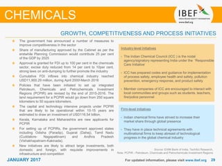 2929JANUARY 2017 For updated information, please visit www.ibef.org
Source: EXIM Bank of India, TechSci Research,
Note: PCPIR - Petroleum, Chemicals and Petrochemicals Investment Regions
The government has announced a number of measures to
improve competitiveness in the sector
Share of manufacturing approved by the Cabinet as per the
erstwhile Planning Commission would contribute 25 per cent
of the GDP by 2025
Approval is granted for FDI up to 100 per cent in the chemicals
sector, excise duty reduced from 14 per cent to 10per cent,
strong laws on anti-dumping to further promote the industry
Cumulative FDI inflows into chemical industry reached
USD11,900.29 million, during April 2000-March 2016
Policies that have been initiated to set up integrated
Petroleum, Chemicals and Petrochemicals Investment
Regions (PCPIR) are revised by the end of 2015-2016. The
land requirement for a PCPIR would go down from 250 square
kilometers to 50 square kilometers.
The capital and technology intensive projects under PCPIR
that are likely to be operational within 10-15 years are
estimated to draw an investment of USD116.54 billion.
Kerala, Karnataka and Maharashtra are new applicants for
PCPIR
For setting up of PCPIRs, the government approved states
including Odisha (Paradip), Gujarat (Dahej), Tamil Nadu
(Cuddalore- Nagapattinam) and Andhra Pradesh
(Vishakhapatnam-Kakinada).
New initiatives are likely to attract large investments, both
domestic and foreign, with requisite improvements in
infrastructure and competition
GROWTH, COMPETITIVENESS AND PROCESS INITIATIVES
CHEMICALS
Industry-level initiatives
• The Indian Chemical Council (ICC ) is the nodal
agency/signatory representing India under the ‘Responsible
Care Initiative’
• ICC has prepared codes and guidance for implementation
of process safety, employee health and safety, pollution
prevention, emergency response, and product safety
• Member companies of ICC are encouraged to interact with
local communities and groups such as students, teachers,
fire/police personnel
Firm-level initiatives
• Indian chemical firms have strived to increase their
market share through global presence
• They have in place technical agreements with
multinational firms to keep abreast of technological
progress in the global chemical industry
 