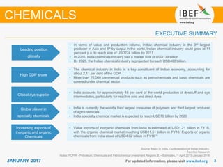 33JANUARY 2017 For updated information, please visit www.ibef.org
Leading position
globally
• In terms of value and production volume, Indian chemical industry is the 3rd largest
producer in Asia and 6th by output in the world. Indian chemical industry could grow at 11
per cent p.a. to reach size of USD224 billion by 2017
• In 2016, India chemicals industry had a market size of USD139 billion
• By 2025, the Indian chemical industry is projected to reach USD403 billion.
High GDP share
• The chemical industry in India is a key constituent of Indian economy, accounting for
about 2.11 per cent of the GDP
• More than 70,000 commercial products such as petrochemicals and basic chemicals are
covered under chemical sector.
Global dye supplier
• India accounts for approximately 16 per cent of the world production of dyestuff and dye
intermediates, particularly for reactive acid and direct dyes
Source: Make in India, Confederation of Indian Industry,
TechSci Research
Notes: PCPIR - Petroleum, Chemicals and Petrochemical Investment Regions; E – Estimates, (1) April 2015-January 2016
EXECUTIVE SUMMARY
CHEMICALS
Global player in
specialty chemicals
• India is currently the world’s third largest consumer of polymers and third largest producer
of agrochemicals
• India specialty chemical market is expected to reach USD70 billion by 2020
Increasing exports of
inorganic and organic
Chemicals
• Value exports of inorganic chemicals from India is estimated at USD1.21 billion in FY16,
with the organic chemical market reaching USD11.51 billion in FY16. Exports of organic
chemicals from India stood at USD4.02 billion in FY16(1)
 
