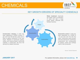 3636JANUARY 2017 For updated information, please visit www.ibef.org
KEY GROWTH DRIVERS OF SPECIALTY CHEMICALS
Source: TechSci Research
CHEMICALS
Automotive
Construction
Water
Automotive sector in India has
been expanding at a CAGR of
~12 per cent over the last five
years. Automotive sector growth
will drive demand for automotive
components and consequently
for plastics, paints and coatings
used in their production
Water treatment chemicals
are widely used in purification
of water and also in large
power plants, refineries and
fertiliser factories
Construction industry in India has
been registering a CAGR of about 17
per cent over the last few years and is
likely to gather momentum in the near
future. Adoption of advanced coating,
ceiling and polymer-based reinforcing
material in construction will drive the
demand for related chemicals
 