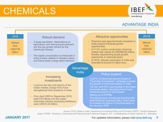 55JANUARY 2017
Growing demand
For updated information, please visit www.ibef.org
ADVANTAGE INDIA
Source: FICCI, Make in India, Department of Industrial Policy and Promotion (DIPP), TechSci Research
Notes: PCPIR - Petroleum, Chemicals and Petrochemical Investment Regions, CII – Confederation of Indian Industry; E – Estimates
Attractive opportunities
• Polymers and agrochemicals industries in
India present immense growth
opportunities
• In FY15, India’s construction chemical
market was valued at USD589.58 million,
thereby representing ample growth
opportunity in chemical sector.
• In 2016, polymer production in India was
recorded at around 9 million tons.
2016
Market
size:
USD139
billion
2017E
Market
size:
USD224
billion
Advantage
India
CHEMICALS
Robust demand
• A large population, dependence on
agriculture, and strong export demand
are the key growth drivers for the
chemicals industry
• Per-capita consumption of chemicals in
India is lower relative to Western peers
and there exists a large latent demand
Increasing
investments
• Lured by the size and returns of the
Indian market, foreign firms have
strengthened their presence in India
• From April 2000 to September 2016,
total FDI inflows into the Indian
chemicals industry (excluding fertilisers)
were USD12.43 billion.
Policy support
• In 2015, CII launched second phase of
“Chemistry Everywhere” campaign to boost
the growth of chemical industry in India
• 100 per cent FDI is permissible in the Indian
chemicals sector; manufacturing of most
chemical products is de-licensed
• Setting up of PCPIRs
• The Government of India has launched the
Draft National Chemical Policy, which aims
to increase the share of chemical sector in
the country’s GDP
 