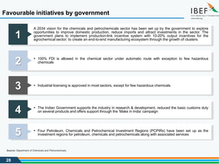 28
Favourable initiatives by government
Source: Department of Chemicals and Petrochemicals,
1
A 2034 vision for the chemicals and petrochemicals sector has been set up by the government to explore
opportunities to improve domestic production, reduce imports and attract investments in the sector. The
government plans to implement production-link incentive system with 10-20% output incentives for the
agrochemical sector; to create an end-to-end manufacturing ecosystem through the growth of clusters.
2  100% FDI is allowed in the chemical sector under automatic route with exception to few hazardous
chemicals
3  Industrial licensing is approved in most sectors, except for few hazardous chemicals
4  The Indian Government supports the industry in research & development, reduced the basic customs duty
on several products and offers support through the ‘Make in India’ campaign
5  Four Petroleum, Chemicals and Petrochemical Investment Regions (PCPIRs) have been set up as the
investment regions for petroleum, chemicals and petrochemicals along with associated services
 