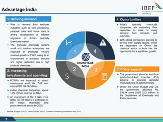 5
Advantage India
Source: Budget 2020-21, News Articles, DPIIT, *Ultratech investors presentation May 2018
 Rise in demand from end-user
industries such as food processing,
personal care and home care is
driving development of different
segments in India’s specialty
chemicals market.
 The domestic chemicals sector's
small and medium enterprises are
expected to showcase 18-23%
revenue growth in FY22, owing to an
improvement in domestic demand
and higher realisation due to high
prices of chemicals.
1. Growing demand
► India’s specialty chemicals
companies are expanding their
capacities to cater to rising
demand from domestic and
overseas.
► With global companies seeking to
de-risk their supply chains, which
are dependent on China, the
chemical sector in India has the
opportunity for a significant growth.
4. Opportunities
► The government plans to introduce
production-linked incentive (PLI)
scheme to promote domestic
manufacturing of agrochemicals.
► Under the Union Budget 2021-22,
the government allocated Rs.
233.14 crore (US$ 32.2 million) to
the Department of Chemicals and
Petrochemicals.
3. Policy support
► PCPIRs are expected to attract
investments worth Rs. 7.63 lakh
crore (US$ 104.36 billion).
► Indian chemical companies spend
~1% of their revenue on R&D.
► An investment of Rs. 8 lakh crore
(US$ 107.38 billion) is estimated in
the Indian chemicals and
petrochemicals sector by 2025.
2. Increasing
investments and spending
ADVANTAGE
INDIA
1 4
3
2
 