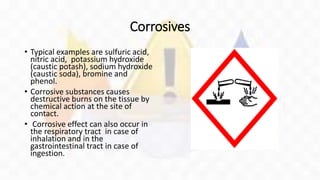 Corrosives
• Typical examples are sulfuric acid,
nitric acid, potassium hydroxide
(caustic potash), sodium hydroxide
(caustic soda), bromine and
phenol.
• Corrosive substances causes
destructive burns on the tissue by
chemical action at the site of
contact.
• Corrosive effect can also occur in
the respiratory tract in case of
inhalation and in the
gastrointestinal tract in case of
ingestion.
 