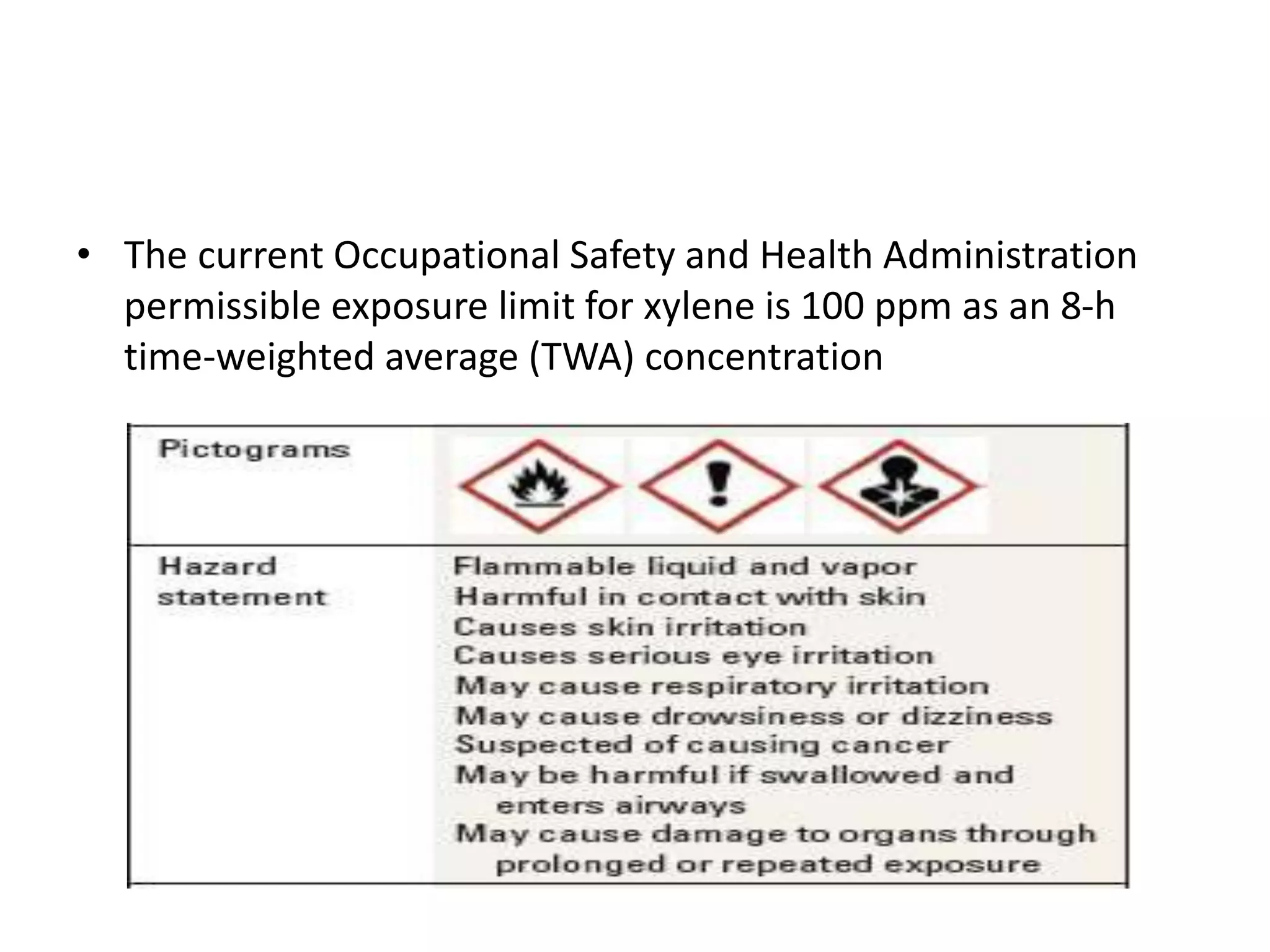 • The current Occupational Safety and Health Administration
permissible exposure limit for xylene is 100 ppm as an 8-h
time-weighted average (TWA) concentration
 