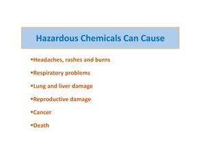 Headaches, rashes and burns
Respiratory problems
Lung and liver damage
Reproductive damage
Cancer
Death
Hazardous Chemicals Can Cause
 