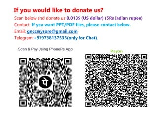 If you would like to donate us?
Scan below and donate us 0.013$ (US dollar) (5Rs Indian rupee)
Contact: If you want PPT/PDF files, please contact below.
Email: gnccmysore@gmail.com
Telegram:+919738137533(only for Chat)
 