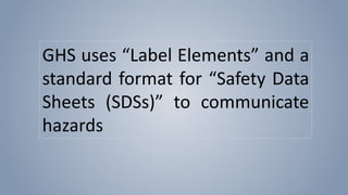 GHS uses “Label Elements” and a 
standard format for “Safety Data 
Sheets (SDSs)” to communicate 
hazards 
 