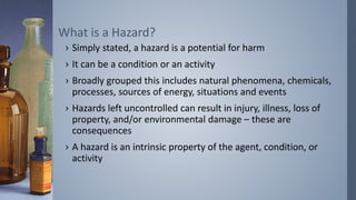 What is a Hazard? 
› Simply stated, a hazard is a potential for harm 
› It can be a condition or an activity 
› Broadly gr...