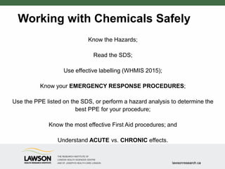 Working with Chemicals Safely
Know the Hazards;
Read the SDS;
Use effective labelling (WHMIS 2015);
Know your EMERGENCY RESPONSE PROCEDURES;
Use the PPE listed on the SDS, or perform a hazard analysis to determine the
best PPE for your procedure;
Know the most effective First Aid procedures; and
Understand ACUTE vs. CHRONIC effects.
 