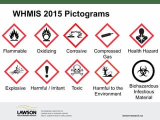 WHMIS 2015 Pictograms
Flammable
Explosive
Oxidizing Corrosive Compressed
Gas
Harmful / Irritant Toxic
Health Hazard
Biohazardous
Infectious
Material
Harmful to the
Environment
 